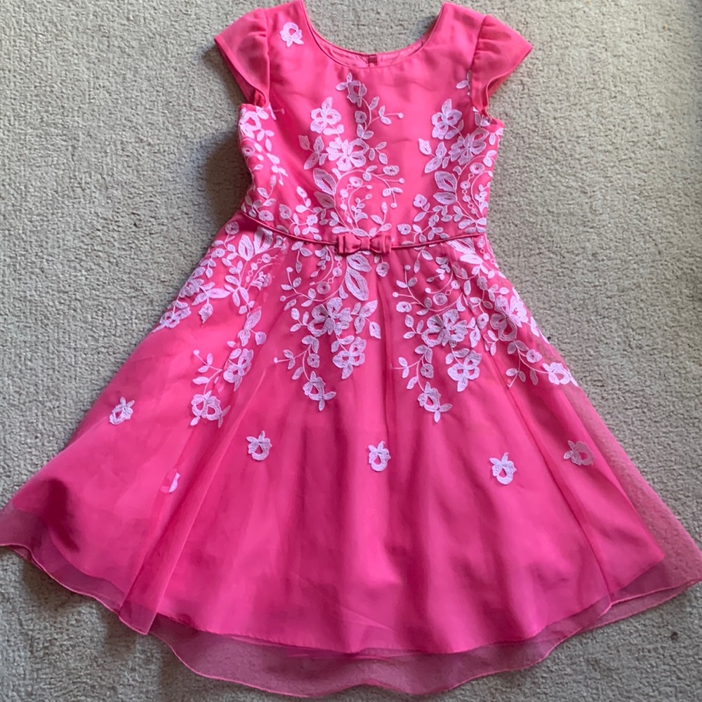 Pink dress with soft tulle overlay that is embroidered with white flower vines.